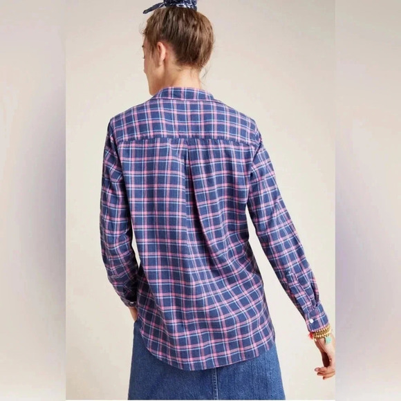 Anthropologie Grayson L The Hero Buttondown Flannel Blue Pink Plaid - Picture 2 of 9